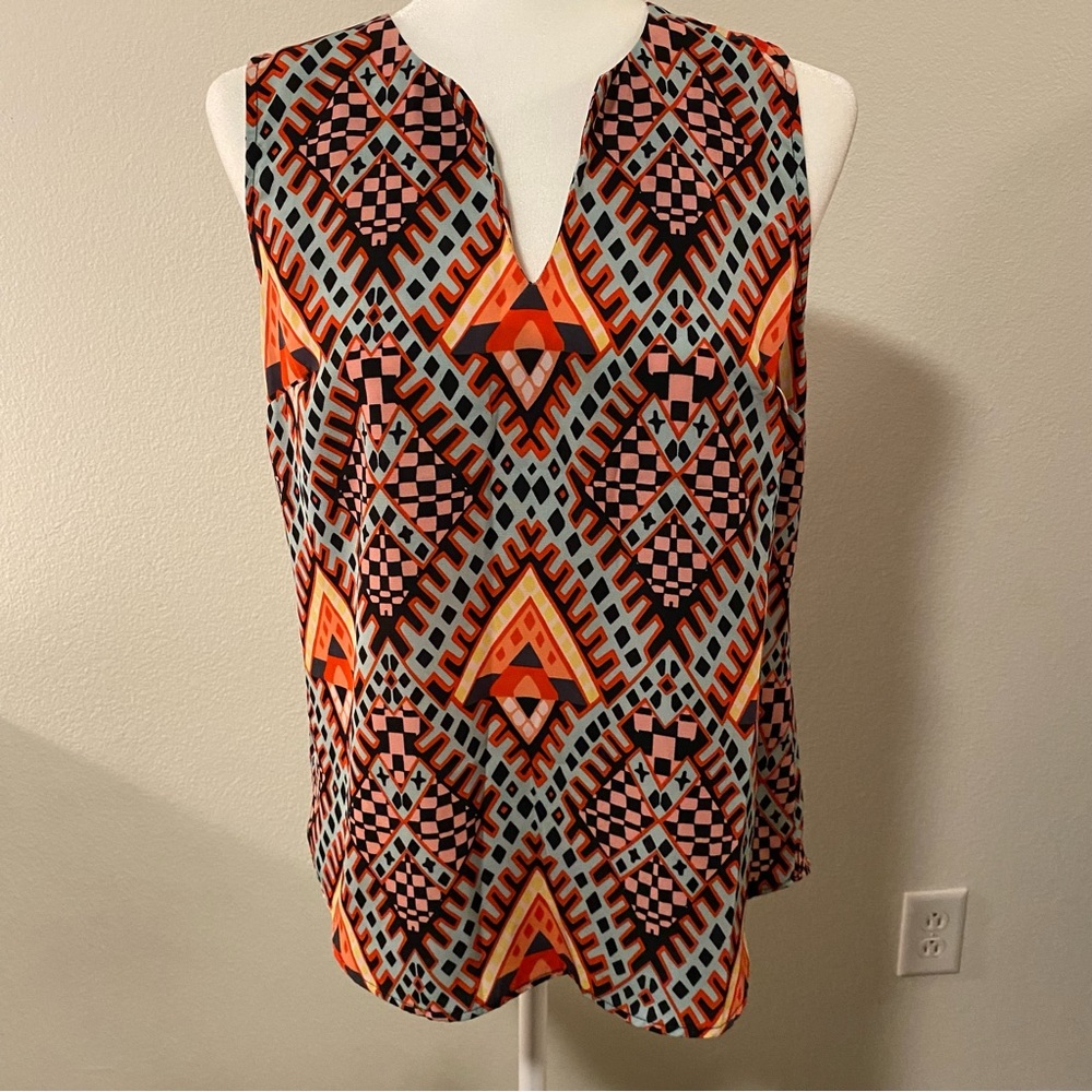 Renee C. Geometric Print Sleeveless V Neck Top
